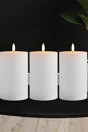 3"x4" White Ribbed Flameless Candles - Remote Control & Timer, Set of 3 Large Real Wax Pillar Flickering Battery LED Candles for Table, Fireplace and Mantel Decor