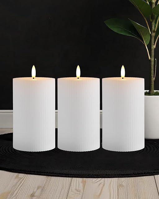 3"x4" White Ribbed Flameless Candles - Remote Control & Timer, Set of 3 Large Real Wax Pillar Flickering Battery LED Candles for Table, Fireplace and Mantel Decor
