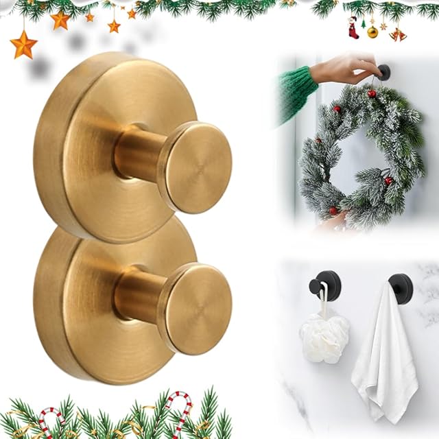 2025 Upgraded Suction Cup Hooks for Wreaths on Glass, No Drill Towel Hooks Stainless Steel Waterproof Suction Cup Hooks Shower Towel Holder, Bathroom Coat Hook(2, Gold)