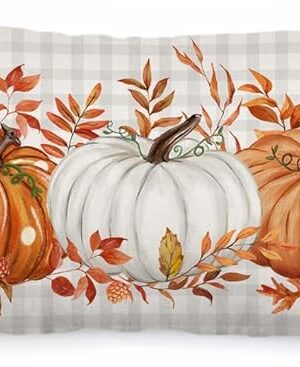 AACORS Fall Pillow Cover 12x20 Inch Buffalo Pliad Pumpkin Maple Leaves Decor Autumn Thanksgiving Decorative Farmhouse Cushion Case for Sofa Couch (Orange) AA161-12