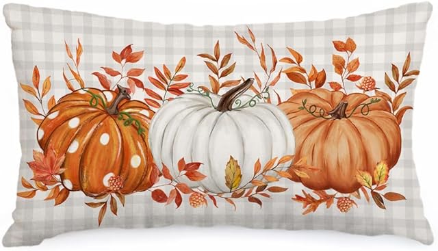 AACORS Fall Pillow Cover 12x20 Inch Buffalo Pliad Pumpkin Maple Leaves Decor Autumn Thanksgiving Decorative Farmhouse Cushion Case for Sofa Couch (Orange) AA161-12