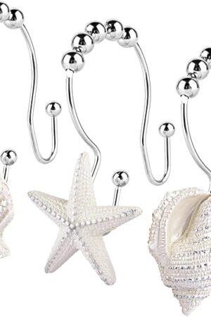 Decorative Shower Curtain Hooks,FINROS 12 Pcs Seashell Double Glide Shower Curtain Hooks for Bathroom and Living Room (White Seashell)