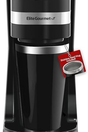 Elite Gourmet EHC114 Personal Single-Serve Compact Coffee Maker Brewer Includes 14Oz. Thermal Travel Mug with Stainless Steel Interior, Compatible with Coffee Grounds, Reusable Filter, Black
