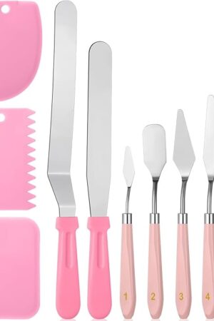 10 Pcs cake spatula set Decorating Kit Baking Supply Accessories Tools for Beginners and Pros Includes 2 Frosting Straight Angled Spatula 3 Icing Smoother Scrapers 5 Pieces Cream tools(Pink)