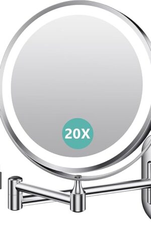 1X/20X Wall Mounted Makeup Mirror with Light, 8" Rechargeable Double-Sided Magnifying Mirror, Vanity Mirror Dimmable 3 Color Light, 360° Extension Rotation Foldable 14.5 Inch Arm, Chrome