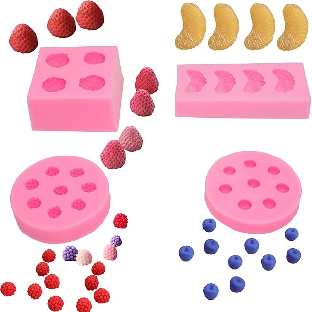 4pcs/Set Fruit Shaped Jelly Molds 3D Strawberry, Orange,Raspberry & Blueberry Silicone Fondant Mold Soap Embed Wax Embeds,Wax Melts Molds.