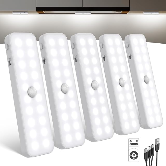6" Under Cabinet LED Light with Motion Sensor, Long-Lasting Battery, Remote Control - Dimmable Indoor Lighting for Kitchen, Closet, Wardrobe, Pantry, Hallway(5pcs)