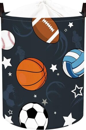 Clastyle 45L Waterproof Sports Laundry Basket with Drawstring Collapsible Football Basketball Storage Laundry Hamper for Bedroom, 14.2 * 17.7 in