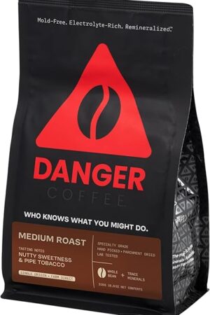 Danger Coffee by Dave Asprey, Remineralized, Mold Free & Lab Tested Whole Bean Coffee, Medium Roast, 10.9 Ounce