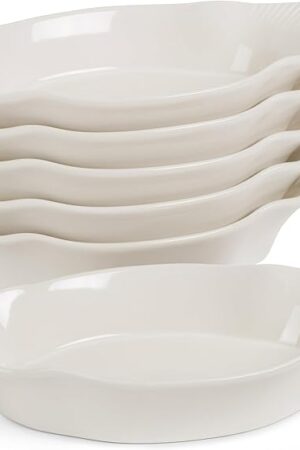 Au Gratin Baking Dishes, by Kook, Mini Casserole Dish, Set of 6, for Banana Split, Oven and Microwave Safe, Dishwasher Safe, Ceramic Dishes, Lasagna & Cobblers, Individual Serving, 12 oz (Ivory)