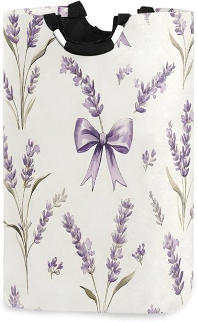 Bows and Lavender Laundry Hamper with Handles, Collapsible Laundry Basket Waterproof Clothes Hampers for Laundry, Dorm, Family, Bathroom Storage