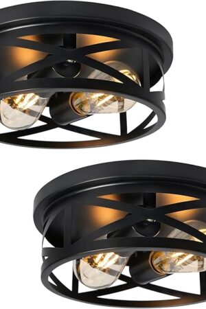 2-Light Flush Mount Ceiling Light Fixture, Farmhouse Ceiling Lights for Kitchen, Modern Black Close to Ceiling Light for Hallway Bedroom Balcony Porch Stairway, E26, (2 Pack)