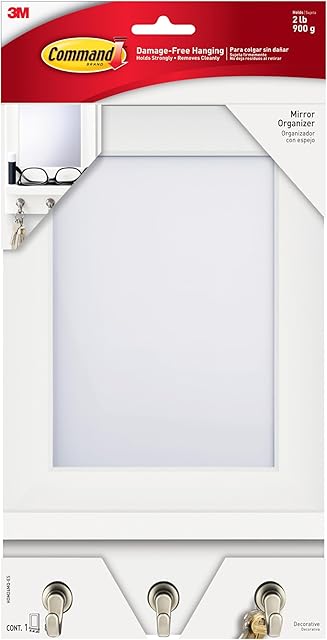 Command Mirror Organizer with 3 Key Hooks and Small Ledge, Holds up to 2 lb, Quartz, Removable Wall Mirror for Entryway or Hallway, Perfect for On-the-go Items