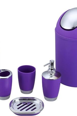 Bathroom Accessories Set, 6-Piece Plastic Gift Set, Toothbrush Holder, Toothbrush Cup, Soap Dispenser, Soap Dish, Toilet Brush Holder, Trash Can (Purple)