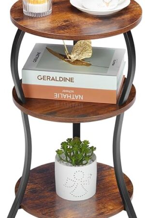 Vintage Small Round Side Table, 3-Tier Slim Waist Circular End Table with Storage Shelf, Compact Tea Sofa Table, Round Corner Coffee Table Nightstand for Living Room Bedroom Small Spaces,Rustic Brown