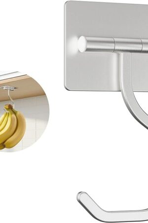 Banana Hook Under Cabinet Silver - Adhesive Banana Hanger Under Counter, Metal Banana Holder Stand for Hanging Bananas or Kitchen Utensil, Keeps Bananas Fresh, Silver, 1 Pack