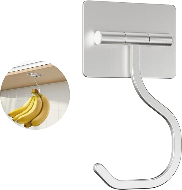 Banana Hook Under Cabinet Silver - Adhesive Banana Hanger Under Counter, Metal Banana Holder Stand for Hanging Bananas or Kitchen Utensil, Keeps Bananas Fresh, Silver, 1 Pack