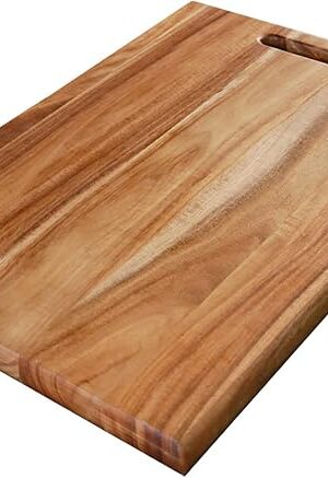 YSTKC Acacia Wood Cutting Board with Hand Grip 15" x 9.5" Inch, Wooden Reversible Chopping Board with Handle for Kitchen Meal Prep Serving, Chopping, Carving Meat, Fruits, Vegetables, Charcuterie