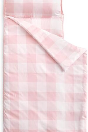 Wake In Cloud - Toddler Nap Mat with Pillow and Blanket, for Kids Boys Girls in Kindergarten Daycare Preschool Pre K, Roll Up Sleeping Bag, Gingham Plaid Grid Checkered, Light Pink White, Standard
