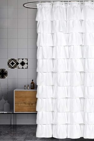 Volens White Shower Curtain Fabric Ruffle for Bathroom,70in Long