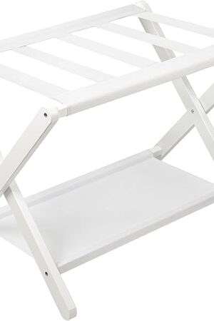 VASMIA Luggage Rack, Folding Suitcase Stand with Storage Shelf,Bamboo Luggage Stand for Guest Room,Bedroon and Hotel,Holds up to 131 lb,Fit Most Luggage Size,White