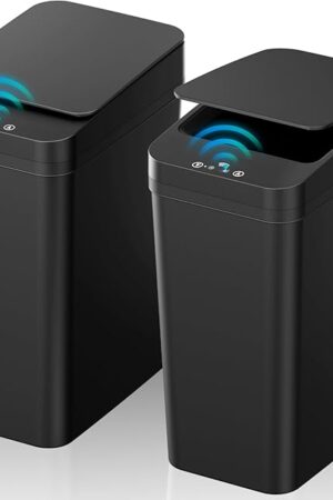 Bathroom Trash Can with Lid, KOEYLE 2 Pack 2.2 Gallon Automatic Touchless Garbage Can, Small Motion Sensor Smart Trash Can, Slim Waterproof Trash Bin for Bedroom, Bathroom, Office, Living Room (Black)