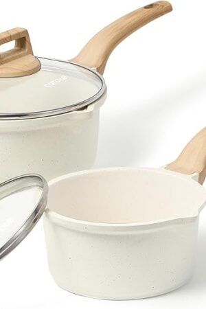 CAROTE 1.5Qt & 3.0Qt Sauce Pan Set with Lid Nonstick Saucepan 4 Pcs Non Stick Sauce Pots Cooking Pot with Pour Spout, Easy to Clean, Small Kitchen Pots Induction Pot, PFOA FREE (White Granite)
