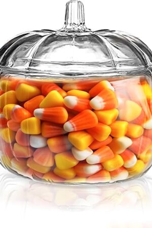 70 oz. Glass Pumpkin Candy Jar with Lid – Large Storage Container for Halloween Treats, Candies and Cookies and Fall Décor Display