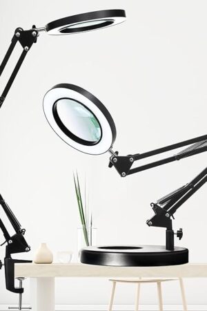 10X Magnifying Glass with Light and Stand, 2-in-1 LED Magnifying Lamp, 3 Color Stepless Dimming Magnifier with Light, Real Optical Glass Magnifier Lamp for Crafts Repair Close Work- Black