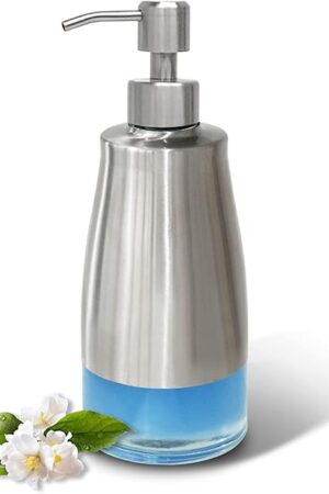 Dish Soap Dispenser with Stickers, Brushed Nickel Stainless Steel and Glass Combined, Refillable Liquid Hand Soap Dispenser for Bathroom & Kitchen (11OZ / 320ML)