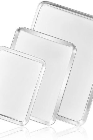 Cookie Sheet Baking Sheet Set of 3, Bastwe Commercial Grade Stainless Steel Baking Pan, Professional Bakeware Oven Tray, Healthy & Non-toxic, Rust Free & Mirror Finish, Easy Clean & Dishwasher Safe
