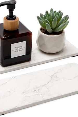 2 Pcs Water Absorbing Stone Drying Trays for Bathroom Sink Kitchen Counter Soap Dish Dispenser Sponge Holder White Ceramic Bathroom Vanity Quick Dry Stone Mat for Kitchen Sink Marble Diatomite Tray