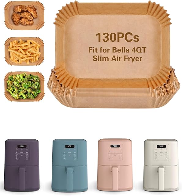 Air Fryer Disposable Paper Liner for Bella 4Qt Slim Air Fryer, 130PCs Food Grade Rectangle Airfryer Parchment Liners, Non-Stick and Oil Proof for Easy Cleanup, Bleach-Free, Accessories for Ninja/bella