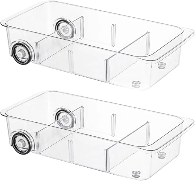 Attelite RollOut Refrigerator Drawer Organizer and Storage Clear Design with Dividers, Fridge Organizer on Wheels, Upgrade Thick Plastic Pantry Storage Bins, Kitchen Organization 2 Set