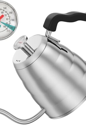 Coffee Gator Gooseneck Kettle with Thermometer - 40oz Premium Stainless Steel Pour Over Coffee Maker Kettles, Stove Top, w/Precision Drip Spout, for Drip Coffee, French Press, Tea Kettle, 5 Cup