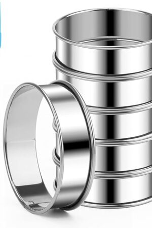6 Pieces English Muffin Rings, 3.15 Inch Stainless Steel Crumpet Ring Double Rolled Tart Ring Nonstick Metal Round Ring Molds with Silicone Oil Brush