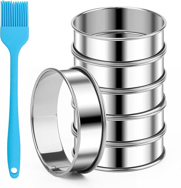 6 Pieces English Muffin Rings, 3.15 Inch Stainless Steel Crumpet Ring Double Rolled Tart Ring Nonstick Metal Round Ring Molds with Silicone Oil Brush