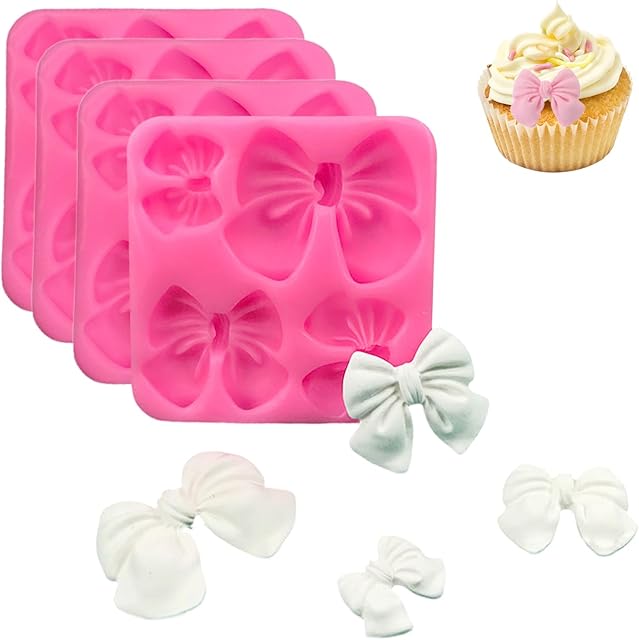 4 Pcs Bow Chocolate Mold, Bow Molds for Chocolate, Bow Silicone Mold, Candy Bows, Bow Molds Silicone, Bow Fondant Mold for Birthday Party DIY Cake Supplies Wedding Decoration (Pink)