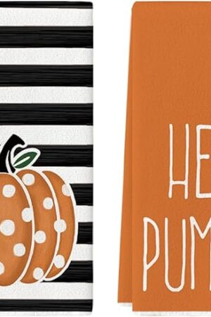 Artoid Mode Orange Polka Dot Stripes Hello Pumpkin Fall Kitchen Towels Dish Towels, 18x26 Inch Farmhouse Decoration Hand Towels Set of 2