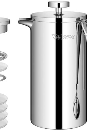 Velaze French Press Coffee Maker 34oz, Double Wall Insulated French Coffee Press Stainless Steel, 1L Coffee Maker Included 4 Extra Fliters and 1 Coffee Spoon, Silver