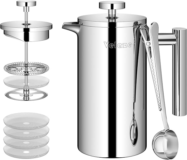 Velaze French Press Coffee Maker 34oz, Double Wall Insulated French Coffee Press Stainless Steel, 1L Coffee Maker Included 4 Extra Fliters and 1 Coffee Spoon, Silver