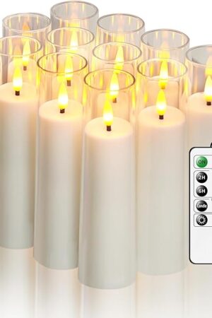 12 Packs White Flameless Candles, Small Battery Operated Candles, Slim LED Flickering Candles with Remote for Home Bookshelf Bedroom Halloween D:1.57xH:6 inch