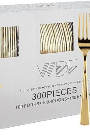 WDF300 Pieces Gold Plastic Silverware - Heavy Duty Disposable Gold Cutlery Set Plastic Gold Silverware Set Plastic Includes 100 Forks, 100 Spoons, 100 Knives for Party