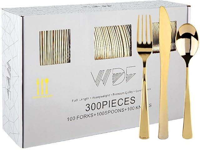 WDF300 Pieces Gold Plastic Silverware - Heavy Duty Disposable Gold Cutlery Set Plastic Gold Silverware Set Plastic Includes 100 Forks, 100 Spoons, 100 Knives for Party