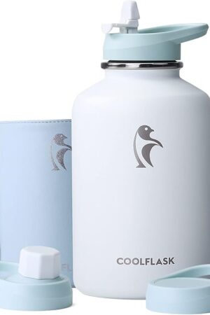 Coolflask 64 oz Water Bottle Insulated with PU Leather Sleeve, Half Gallon Water Bottle Color Contrast with Straw Lids, Stainless Steel Metal Large Water Jug, Keep Cold 48h Hot 24h,Glacier White