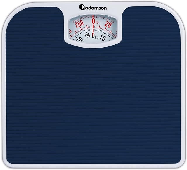 Adamson A21 Analog Scales for Body Weight - Up to 300 LB - New - Anti-Skid Rubber Surface + Large Numbers - Analog Bathroom Scale - Affordable - Durable with 20-Year Assurance - Blue