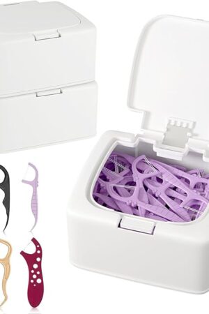 2-Pack Floss Pick Holder and Qtip Holder with One-Touch Opening, Quick Refill for Floss Picks, Cotton Swabs, Balls, Pads - Bathroom Organizers and Storage, Vanity Makeup Storage Organizer