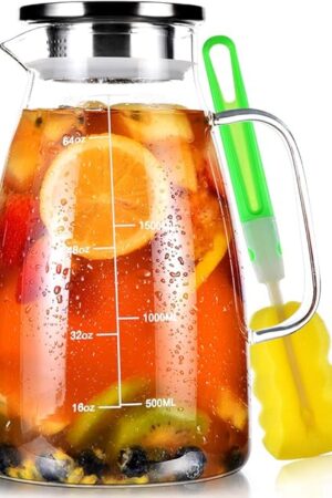 Aofmee Glass Pitcher, 68oz Water Pitcher with Lid and Precise Scale Line, 18/8 Stainless Steel Iced Tea Carafe, Easy Clean Heat Resistant Borosilicate Jug for Juice, Milk, Cold or Hot Beverages