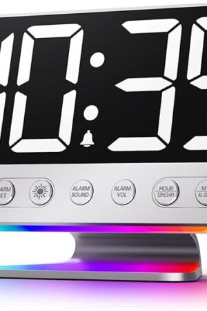 Digital Alarm Clocks for Bedrooms: Large Bold Number 5 Brightness Dimmer - Easy to Read Across The Room - 5 Alarm Sound 8 Night Light - Silver