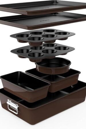 8-Piece Nonstick Stackable Bakeware Set - PFOA, PFOS, PTFE Free Baking Tray Set w/Non-Stick Coating, 450°F Oven Safe, Round Cake, Loaf, Muffin, Wide/Square Pans, Cookie Sheet (Brown)